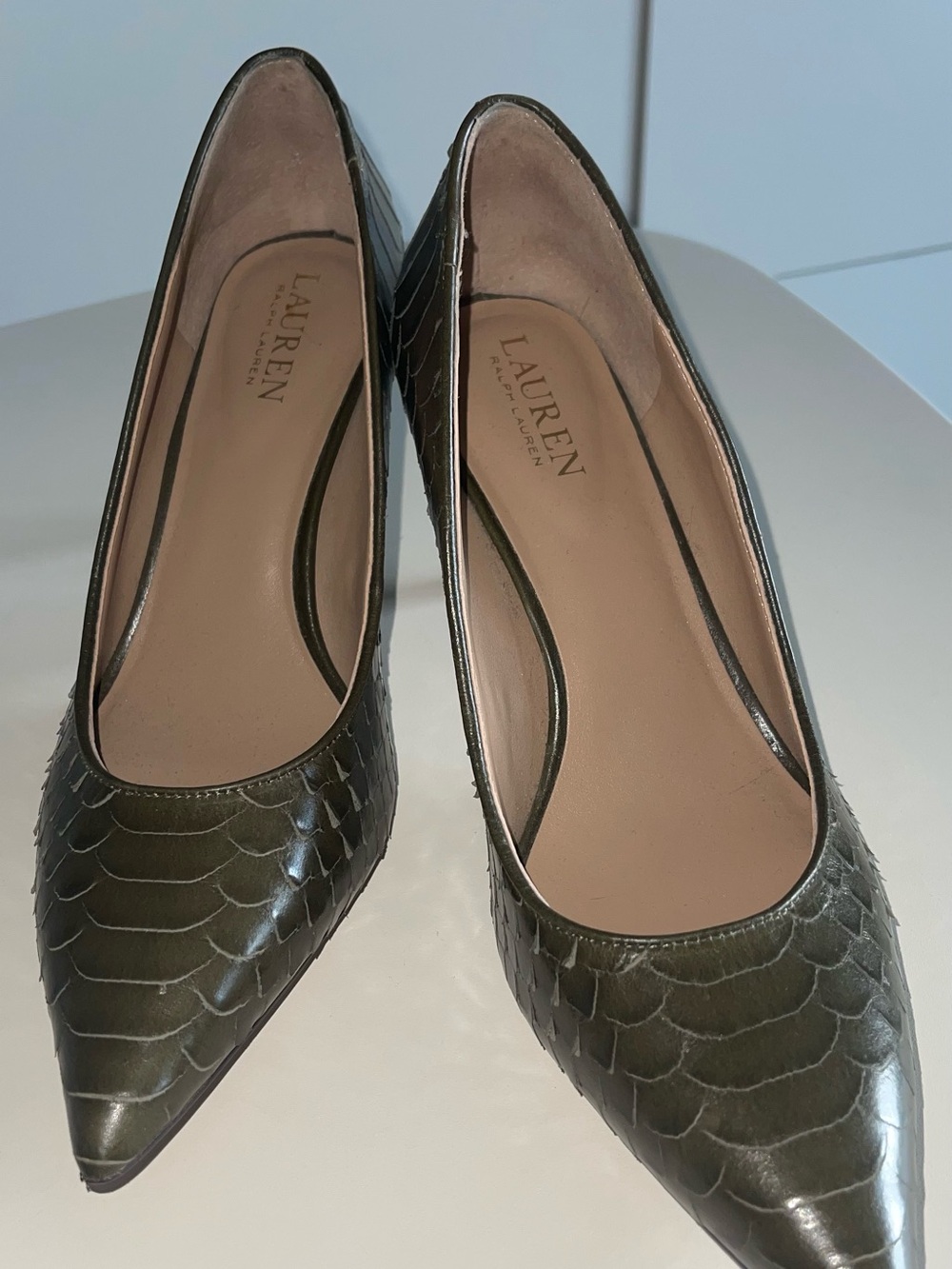 Lauren Ralph Lauren Dark Olive Croc-Embossed Pointed-Toe Pumps